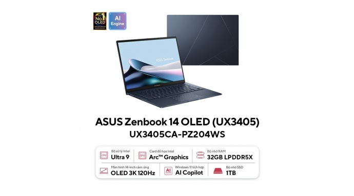 Laptop Asus ZenBook 14 UX3405CA-PZ204WS (Ultra 9 285H/32GB RAM/1TB SSD/14 3K Oled Cảm ứng/Win11/Túi/Bút/Xanh)