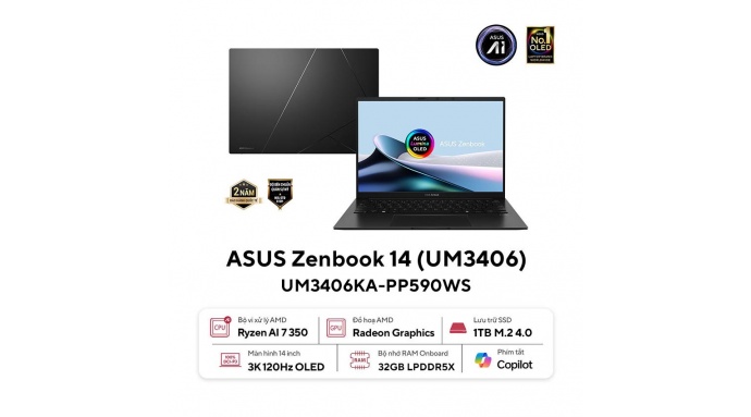 Laptop Asus ZenBook UM3406KA-PP590WS (R7 AI7 350/32GB RAM/1TB SSD/14 3K Oled 120Hz/Win11/OfficeH&S/Túi/Đen)