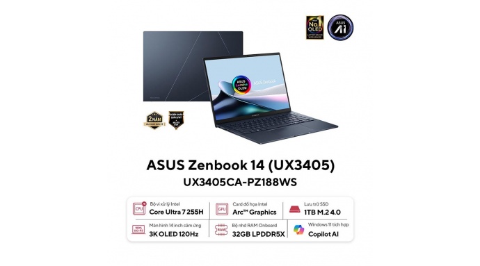 Laptop Asus ZenBook UX3405CA-PZ188WS (U7 255H/32GB RAM/1TB SSD/14 3K Oled Cảm ứng/Win11&Office/Túi/Xanh)