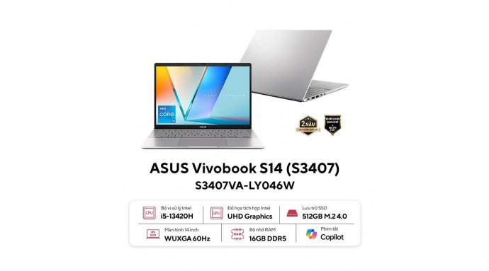 Laptop Asus VivoBook S3407VA-LY046W (i5 13420H/16GB RAM/512GB SSD/14 WUXGA/Win11/Bạc)