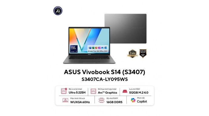 Laptop Asus VivoBook S3407CA-LY095WS (U5 225H/16GB RAM/512GB SSD/14 WUXGA/Win11/&Office/Xám)