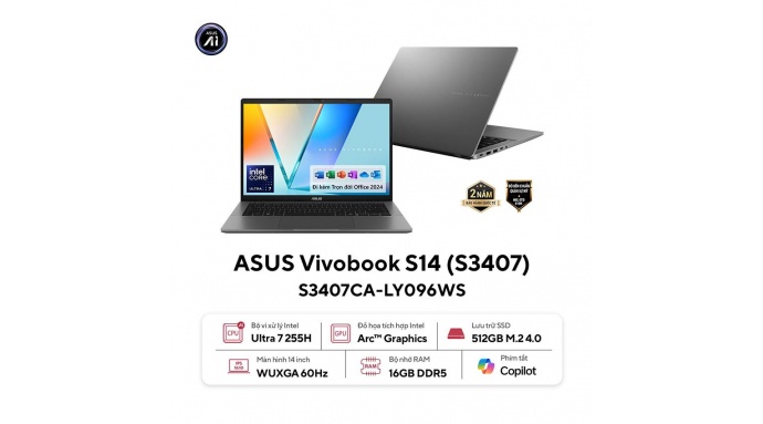 Laptop Asus VivoBook S3407CA-LY096WS (U7 255H/16GB RAM/512GB SSD/14 WUXGA/Win11/&Office/Xám)