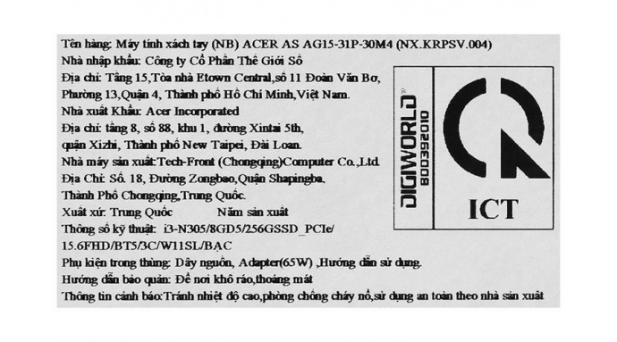 Laptop Acer Aspire Go AG15 31P 30M4 i3 N305/8GB/256GB/Win11 (NX.KRPSV.004)