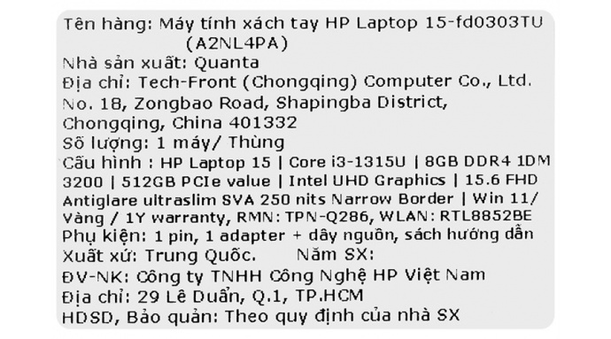 Laptop HP 15 fd0303TU i3 1315U/8GB/512GB/Win11 (A2NL4PA)