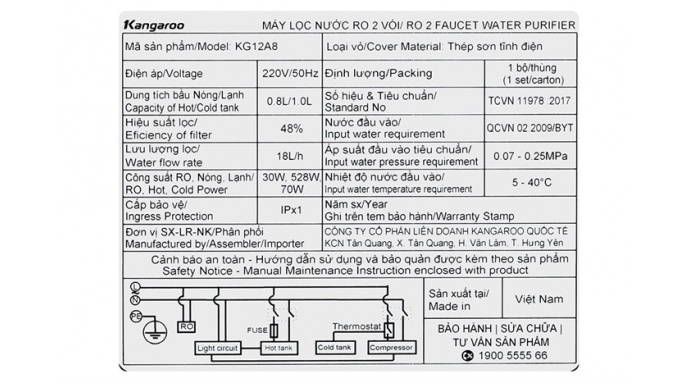 Máy lọc nước RO nóng nguội lạnh Hydrogen Kangaroo Sumire KG12A8 12 lõi