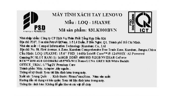 Laptop Lenovo Gaming LOQ Essential 15IAX9E i5 12450HX/16GB/512GB/4GB RTX2050/144Hz/Win11 (83LK000BVN)