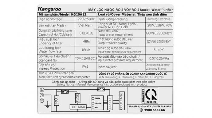 Máy lọc nước RO nóng nguội lạnh Hydrogen Kangaroo KG10A12 10 lõi