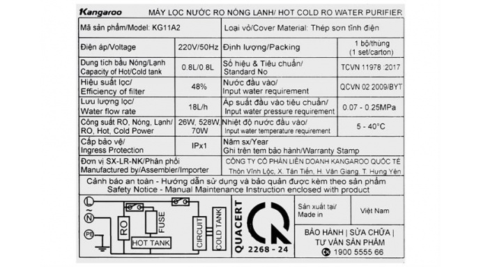 Máy lọc nước RO nóng nguội lạnh Hydrogen Kangaroo KG11A2 11 lõi