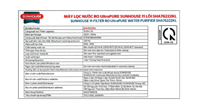 Máy lọc nước RO nóng nguội lạnh Sunhouse UltraPURE SHA76222KL 11 lõi