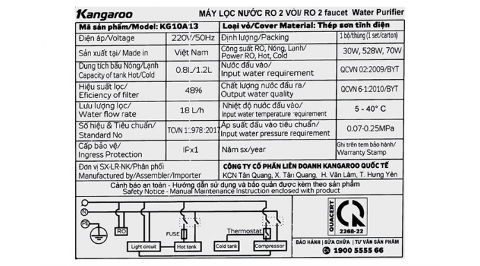 Máy lọc nước RO nóng nguội lạnh Hydrogen Kangaroo KG10A13 10 lõi