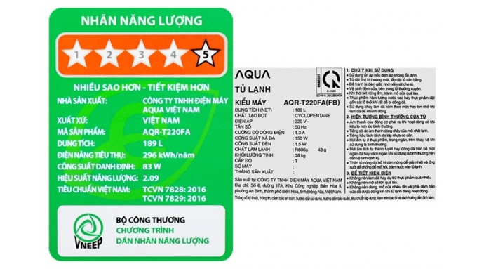 Tủ lạnh Aqua Inverter 189 lít AQR-T220FA(FB)
