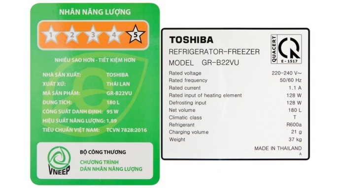 Tủ lạnh Toshiba Inverter 180 lít GR-B22VU UKG