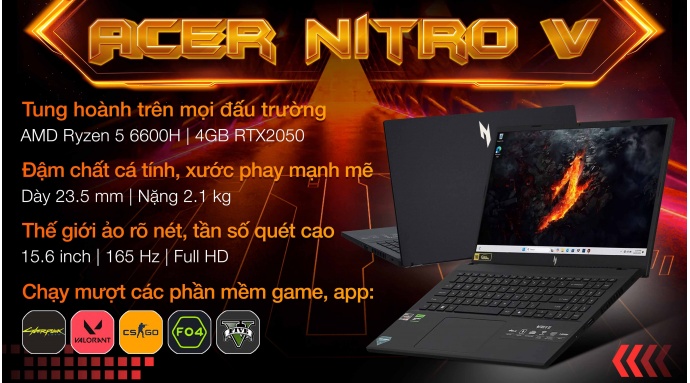 Laptop Acer Gaming Nitro V 15 ANV15 41 R2UP R5 6600H/16GB/512GB/4GB RTX2050/165Hz/Win11 (NH.QPGSV.004)