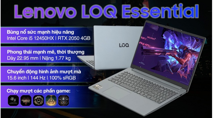 Laptop Lenovo Gaming LOQ Essential 15IAX9E i5 12450HX/16GB/512GB/4GB RTX2050/144Hz/Win11 (83LK000BVN)