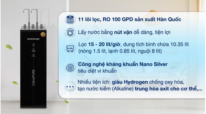 Máy lọc nước RO nóng nguội lạnh Sunhouse UltraPURE SHA76222KL 11 lõi