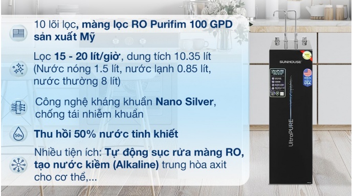 Máy lọc nước RO nóng nguội lạnh Sunhouse UltraPURE SHA76210KL 10 lõi