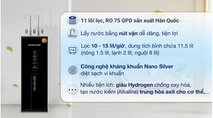 Máy lọc nước RO nóng nguội lạnh Sunhouse UltraPURE SHA76623KL 11 lõi