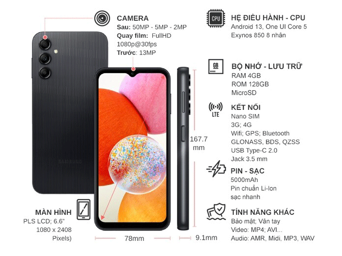 thông tin điện thoại samsung a14 đen